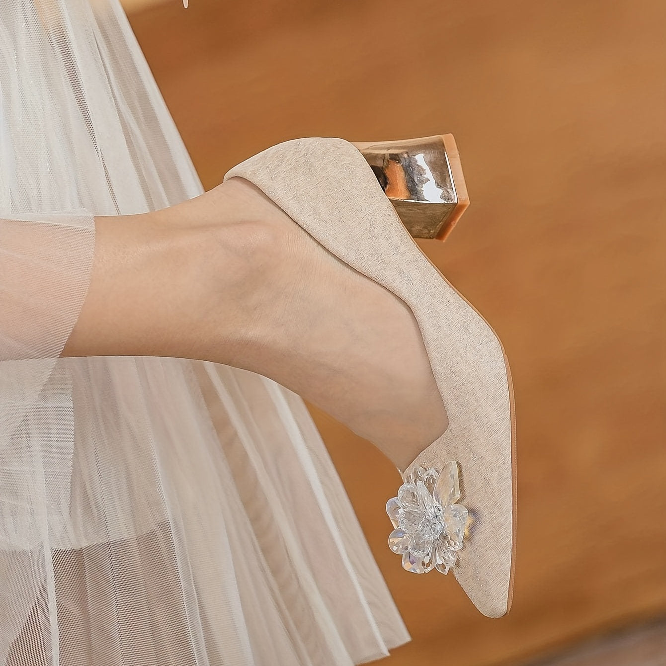 Women's Pointed Toe Chunky Heels Floral Rhinestone Slip On Wedding Heels