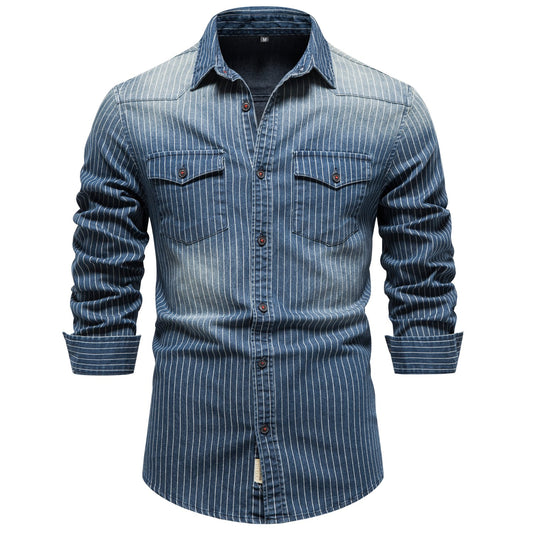 Men's Striped Stretch Denim Shirt Casual Slim Fit Jeans