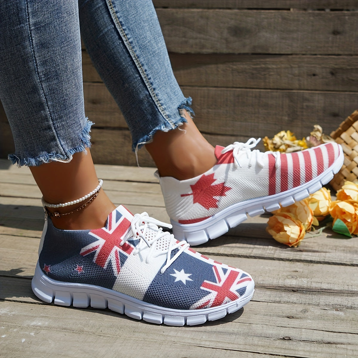 Women's Flag Pattern Knitted Sneakers Low Top Sports Shoes