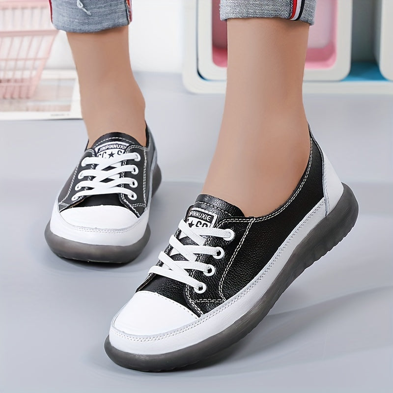 Women's Lace Up Flat Sneakers Low Top Shoes Soft Sole Faux Leather