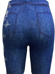 Floral & Denim Print Leggings for Women