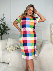  Colorful Blocks Print Round Neck Sleep Dress