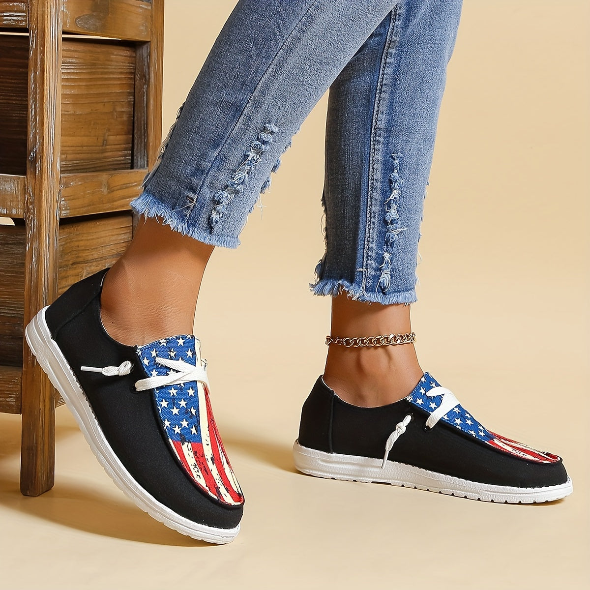 Women's Flag Pattern Canvas Lace Up Low Top Flat Loafers