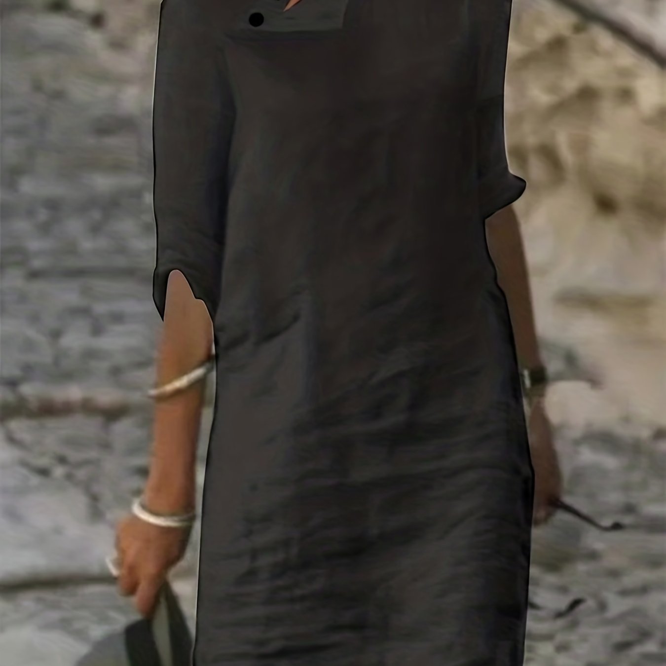  Solid Button Up Half Sleeve Dress with Stand Collar