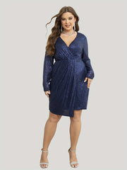  Sequin Wrap Party Dress Long Sleeve V-Neck Stretch