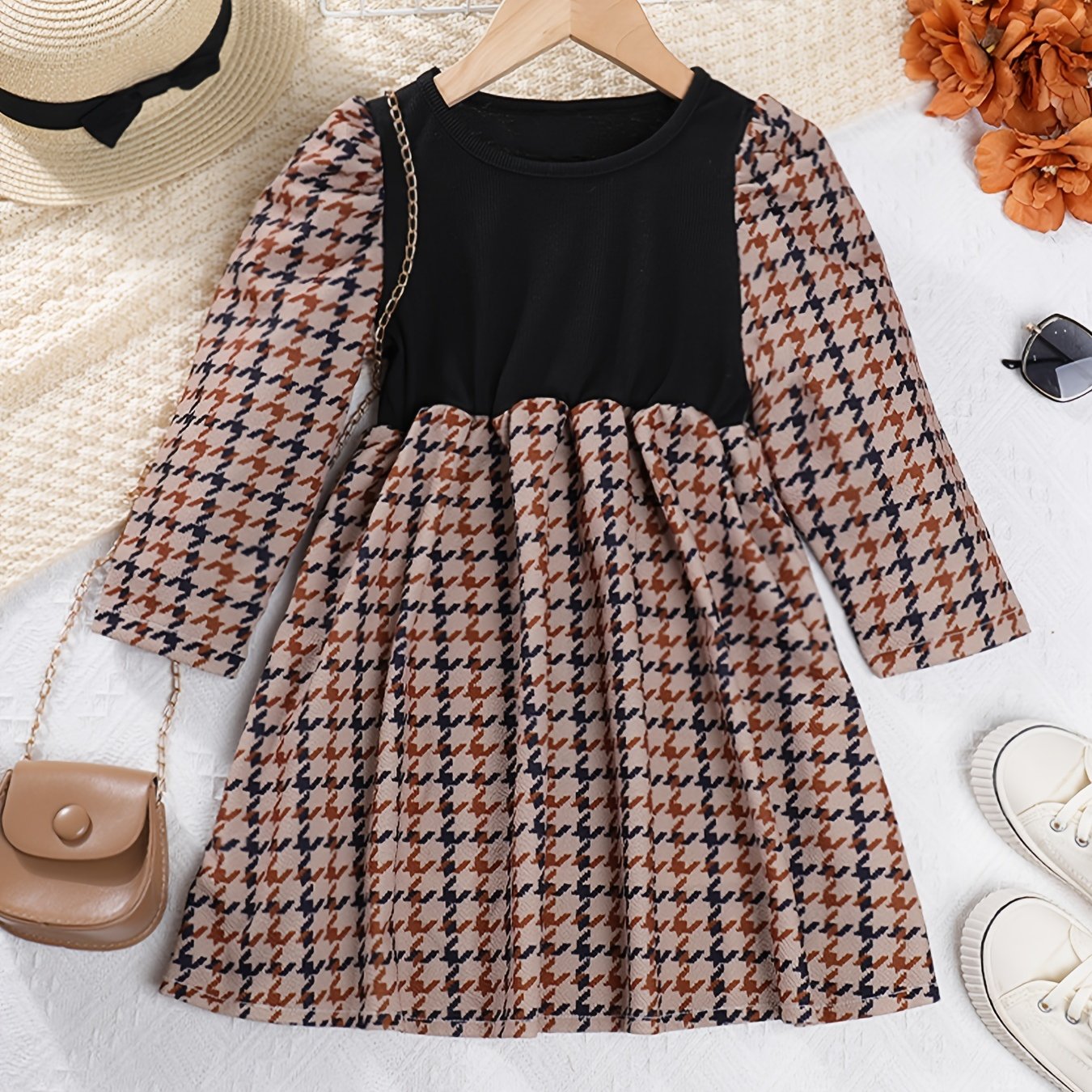 Girls' Houndstooth Patchwork Long Sleeve Casual Dress