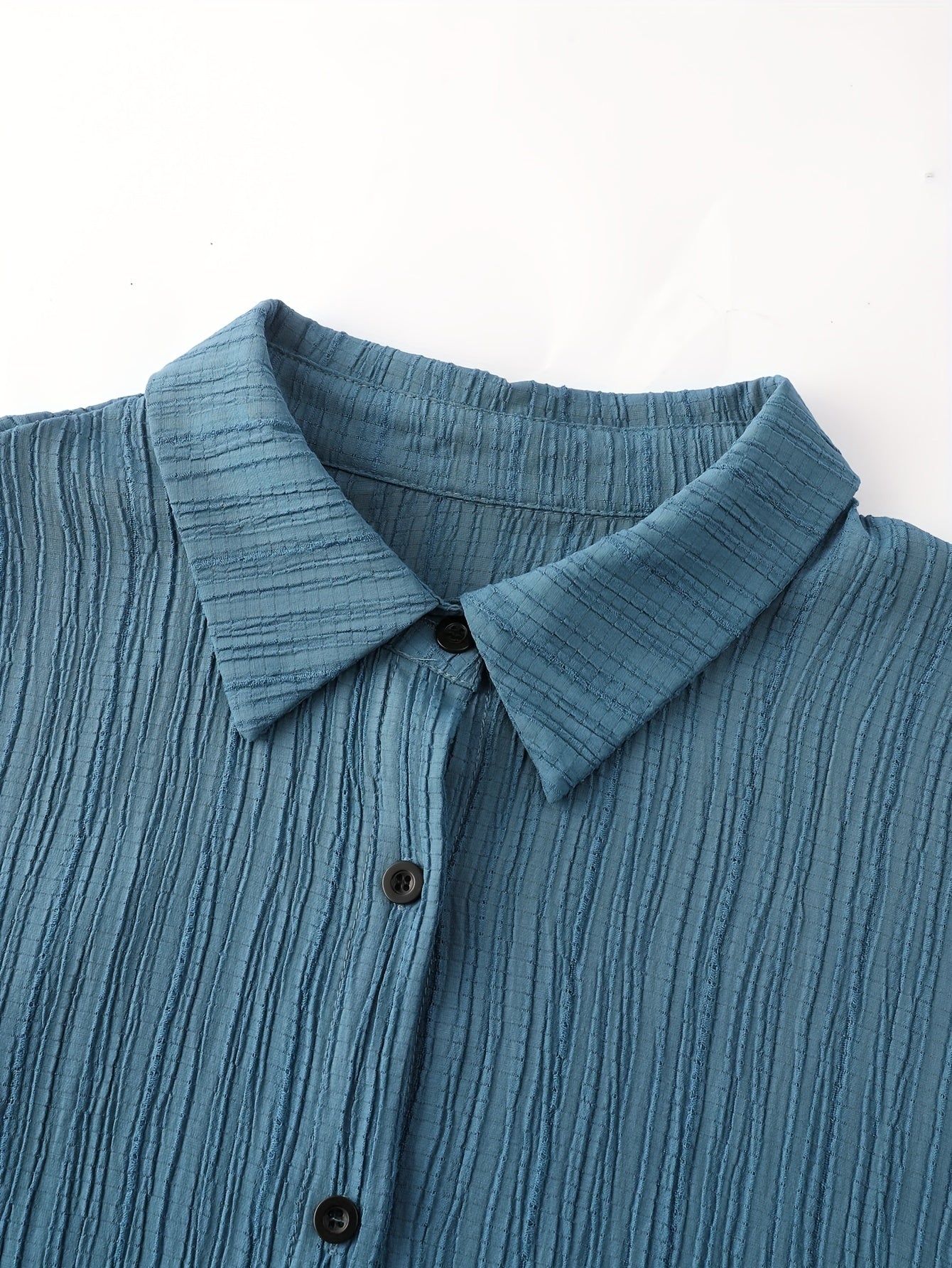  Solid Crinkle Button Up Roll Up Sleeve Blouse