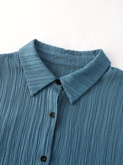  Solid Crinkle Button Up Roll Up Sleeve Blouse