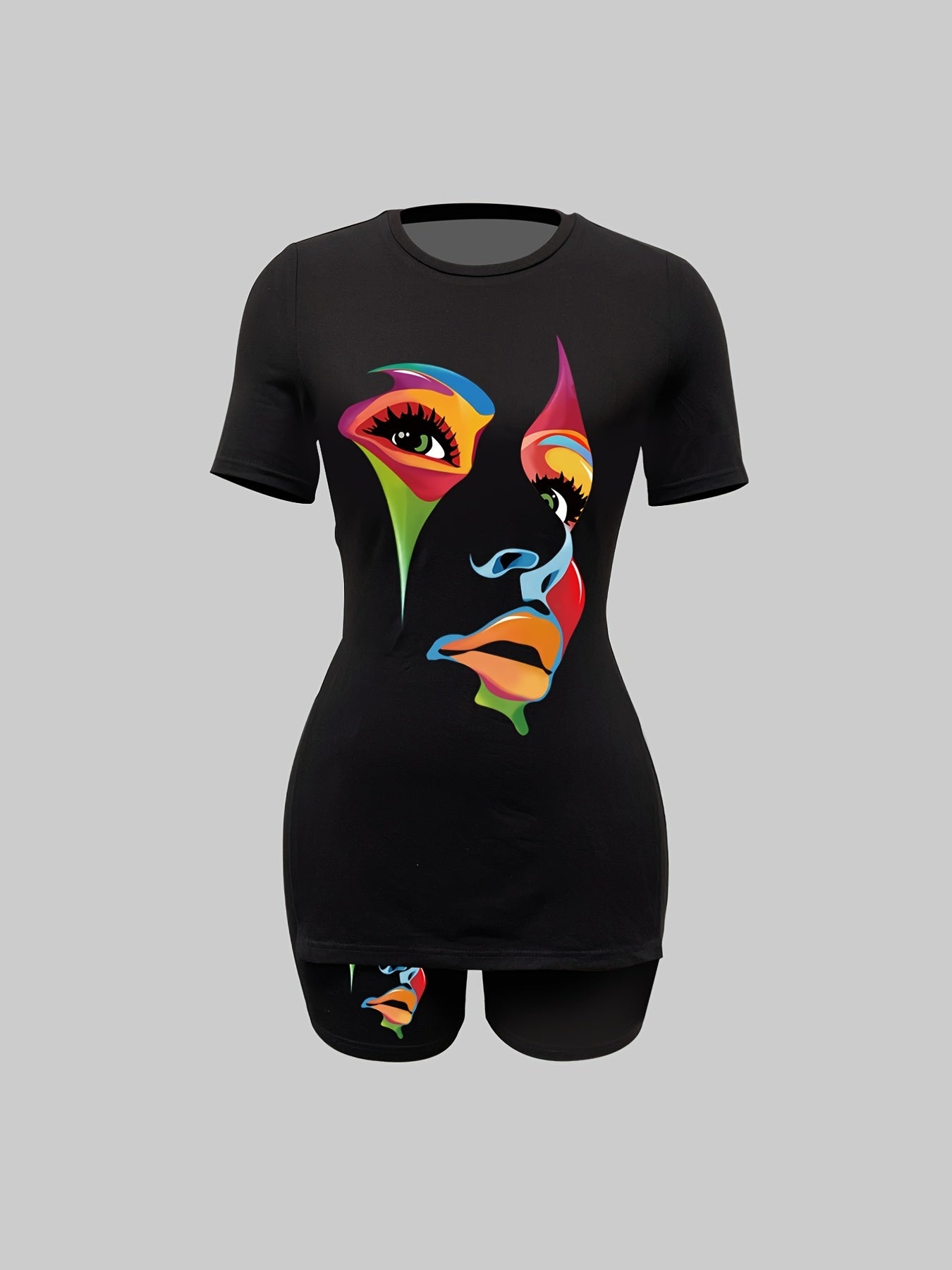 Graphic Print Two piece Set Crew Neck Side Split Casual T Shirt & Shorts