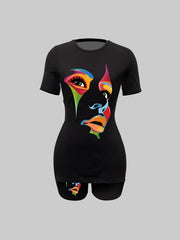 Graphic Print Two piece Set Crew Neck Side Split Casual T Shirt & Shorts