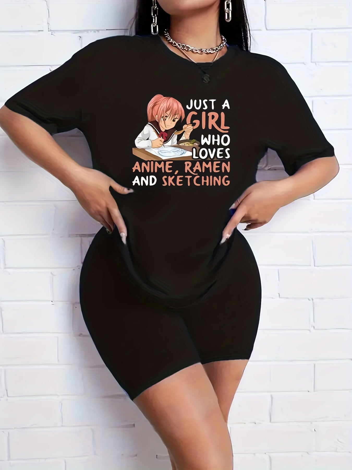 2pcs Anime Graphic Crew Neck Short Sleeve T shirts & Solid Shorts Set