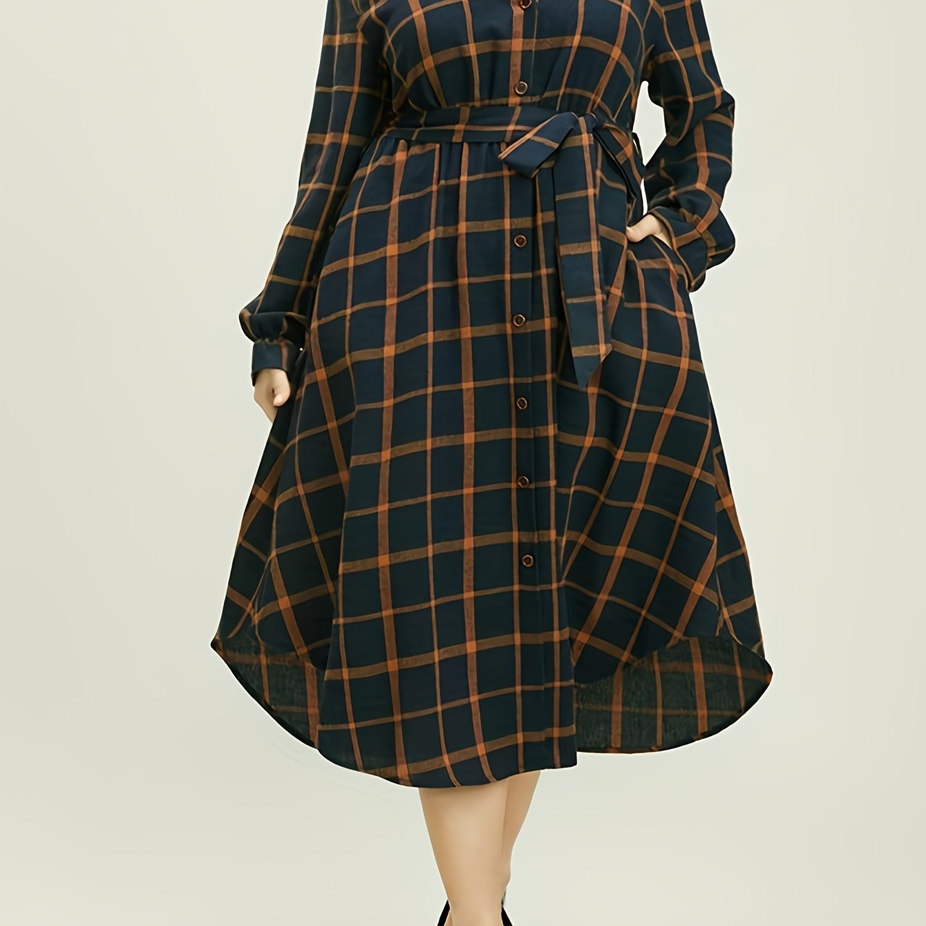 Plaid Print Button Up Long Sleeve Dress With Belt