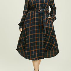  Plaid Print Button Up Long Sleeve Dress With Belt