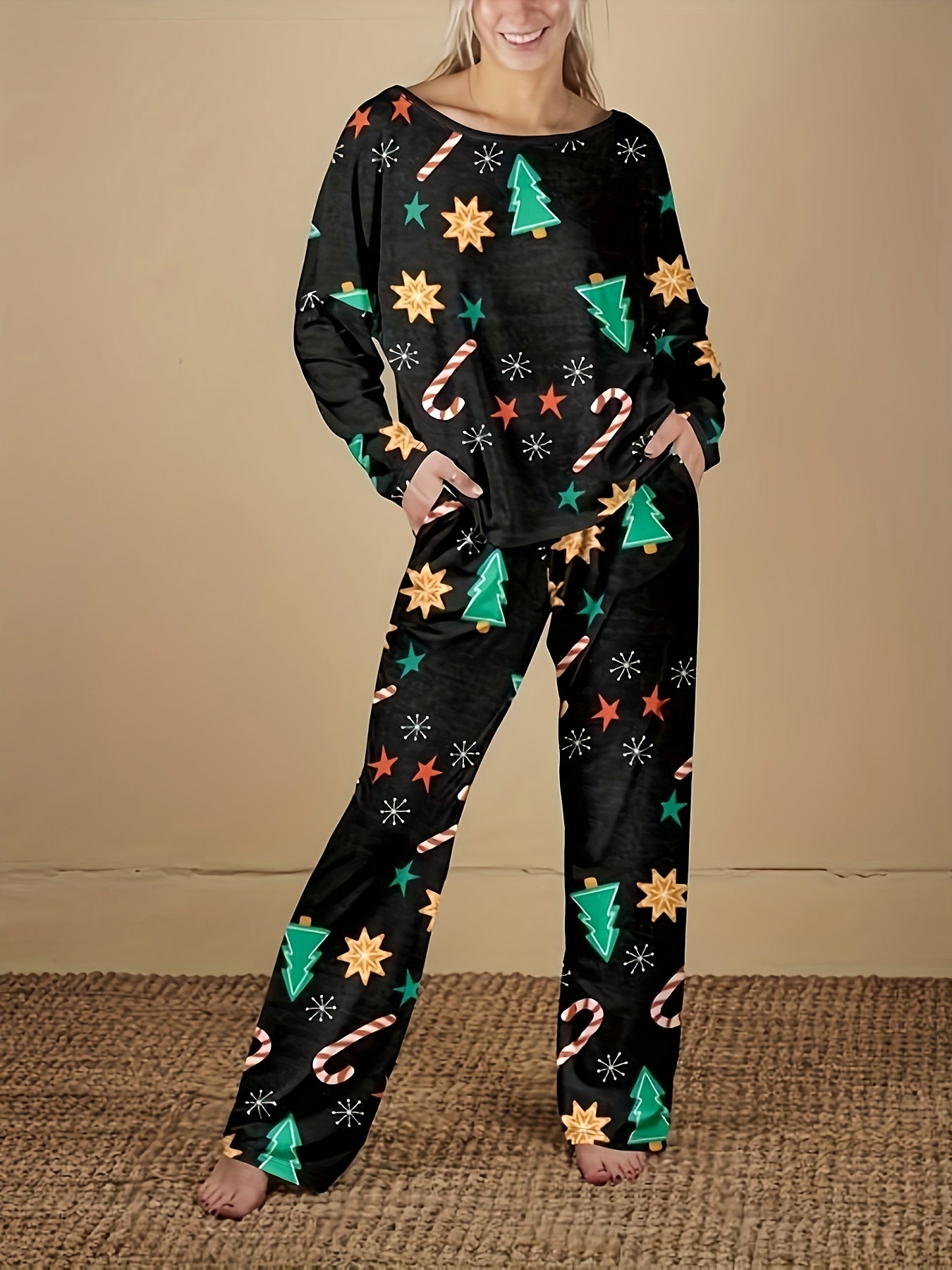 Snowflake & Lollipop Print Lounge Set - Top & Pants