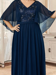  Wedding Dress Embroidered V-Neck Flutter Sleeve Maxi Bridesmaid Dress