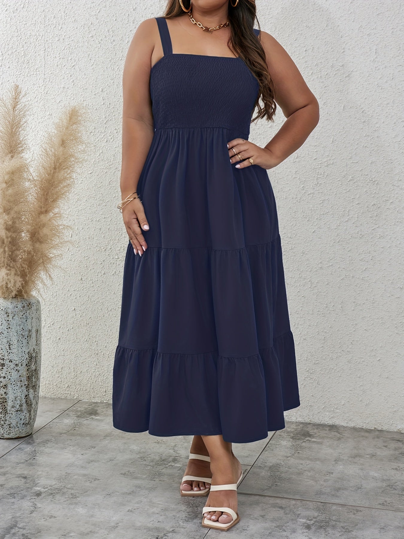  Solid Square Neck Smock Cami Dress