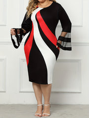  Stripe Print Contrast Mesh Bell Sleeve Bodycon Midi Dress