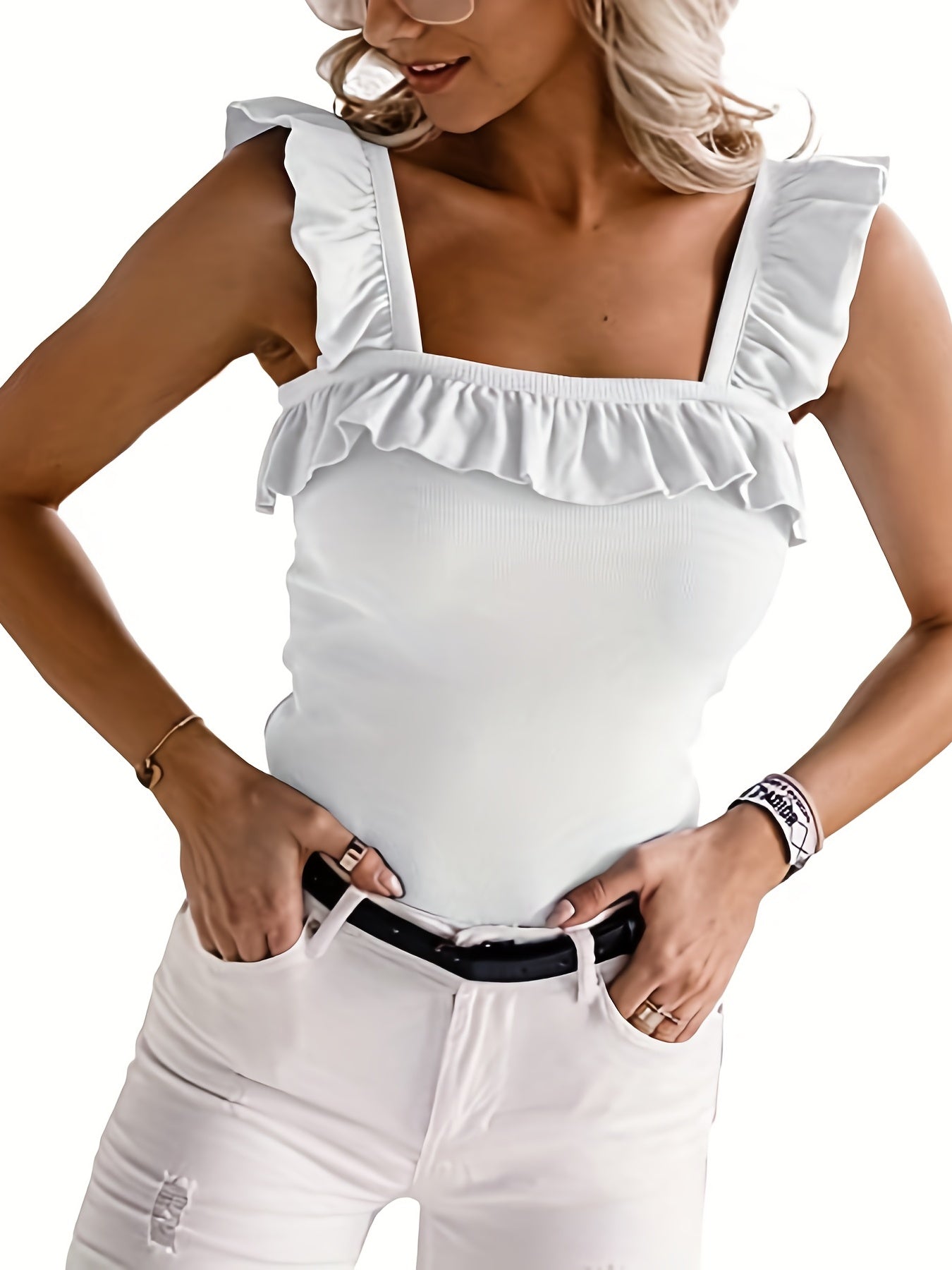 Ruffle Trim Tank Tops Square Neck Sleeveless Cami Top