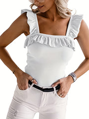 Ruffle Trim Tank Tops Square Neck Sleeveless Cami Top
