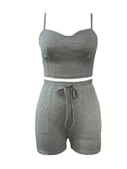 Summer Backless Crop Top & High Waist Drawstring Shorts Set