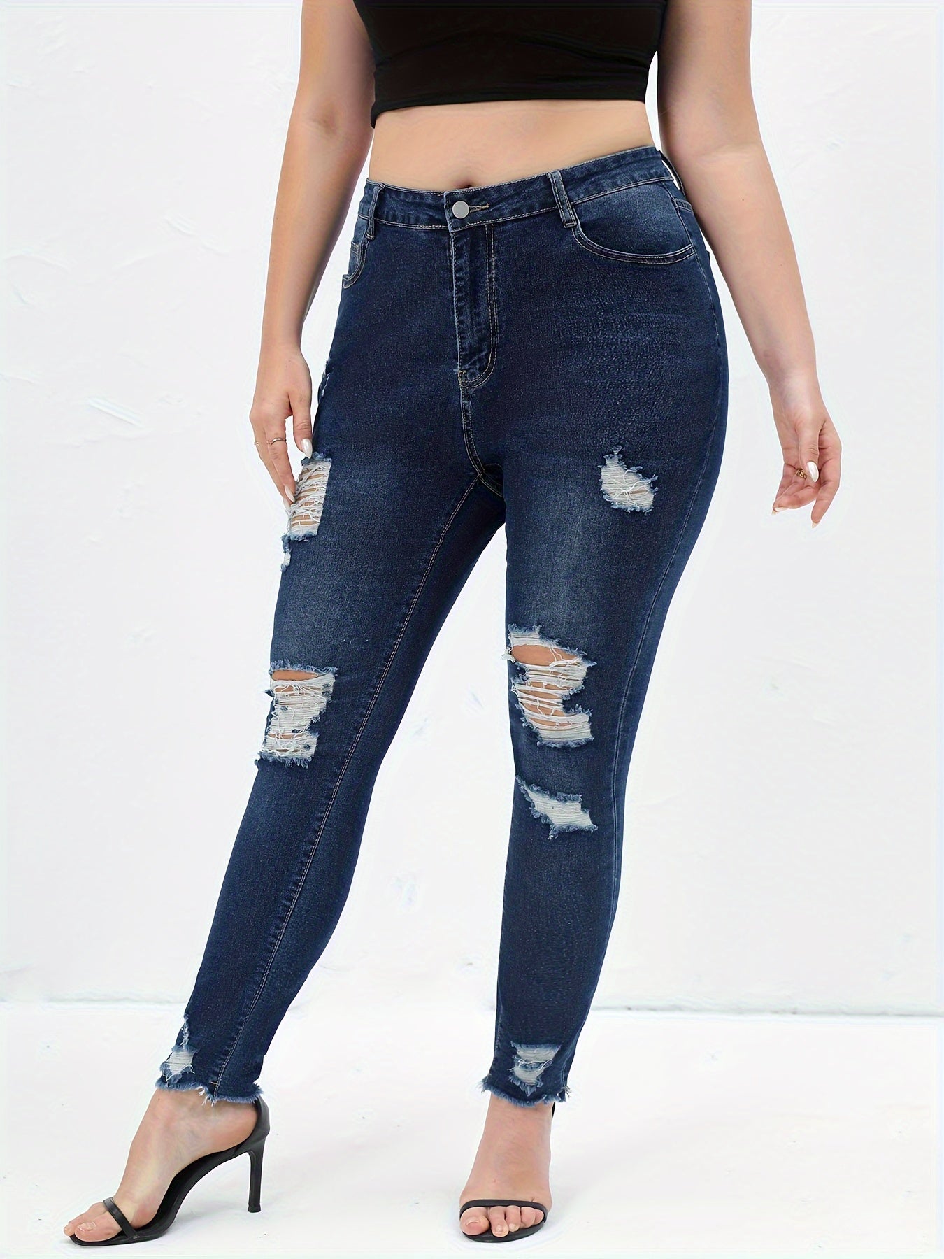  Casual Jeans Women's Plus Solid Ripped Skinny Jeans