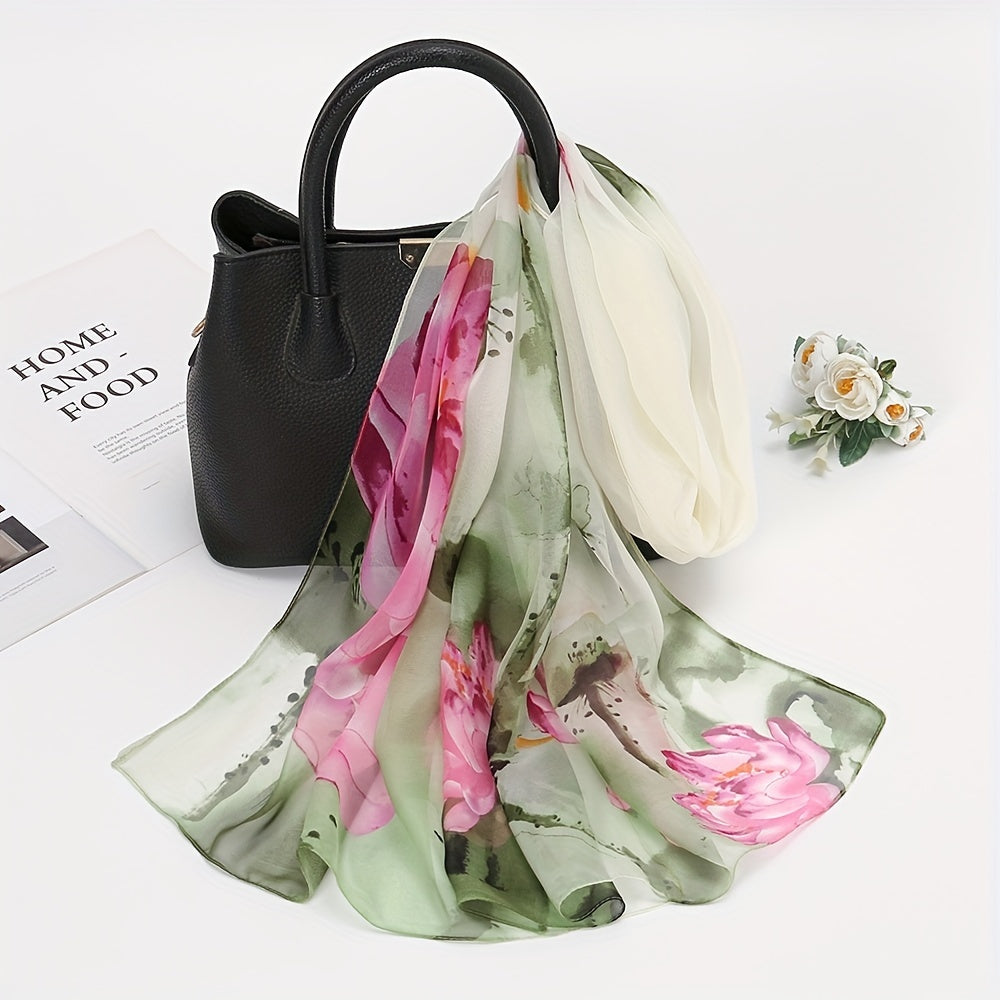 Lotus Print Georgette Scarf Vintage Classic Shawl Windproof Head Wrap