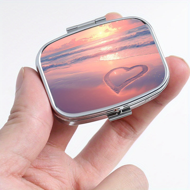 Romantic Beach Print Pattern Square Medicine Box Two Compartment Pill Box