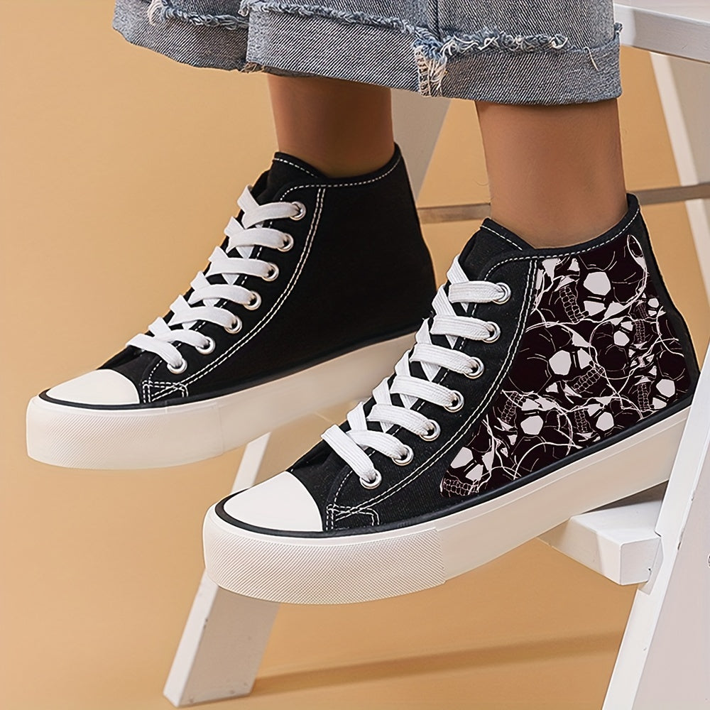 Skull Print High Top Canvas Sneakers Lace Up Skate Shoes