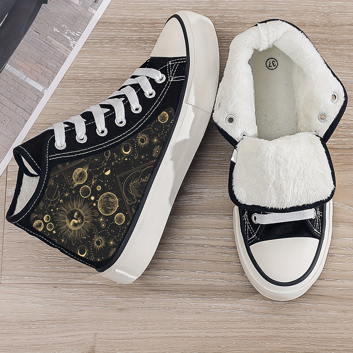 Mysterious Planet Print Plush Lined Thermal Chunky Canvas Sneakers