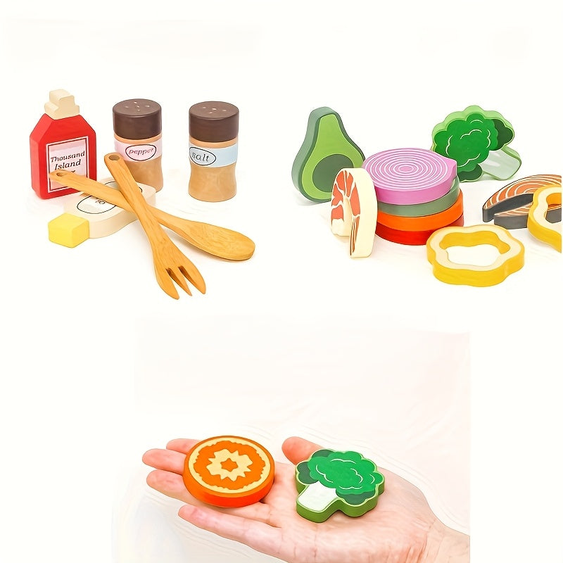 Wooden Fruit and Vegetable Salad Set with Utensils for Kids