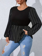  Colorblock Stripe & Dot Print Lantern Sleeve Peplum Shirt