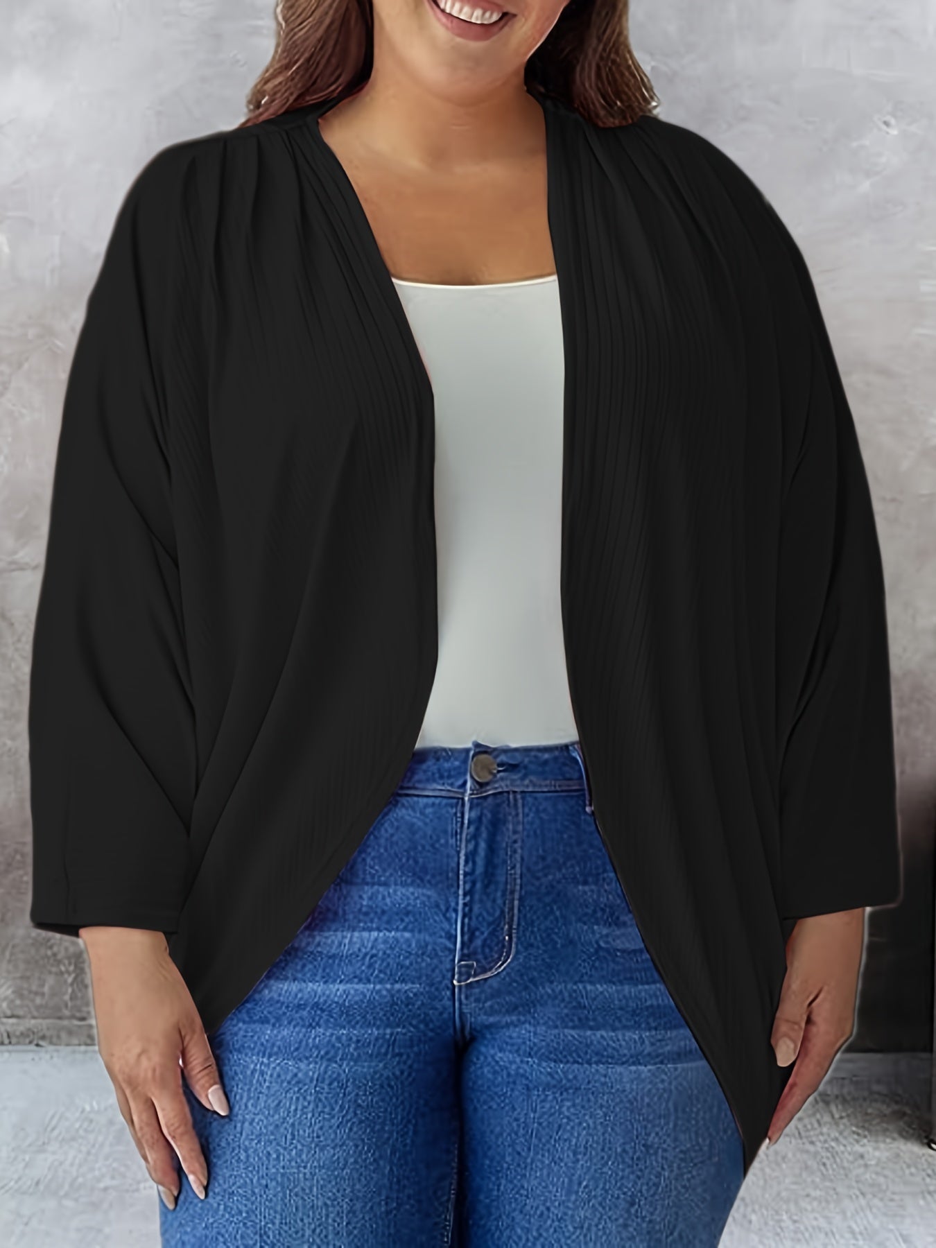  Solid Ribbed Half Sleeve Open Front Cardigan