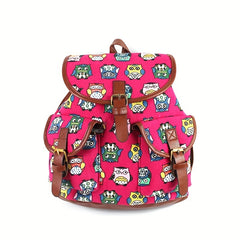 Colorful Owl Print Flap Backpack Preppy Style School Bag Drawstring