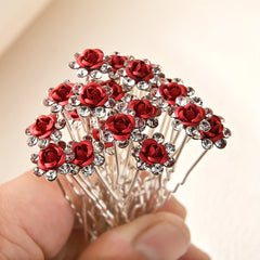 U Shaped Hair Clips Set with Rhinestones & Roses for Bridal & Everyday