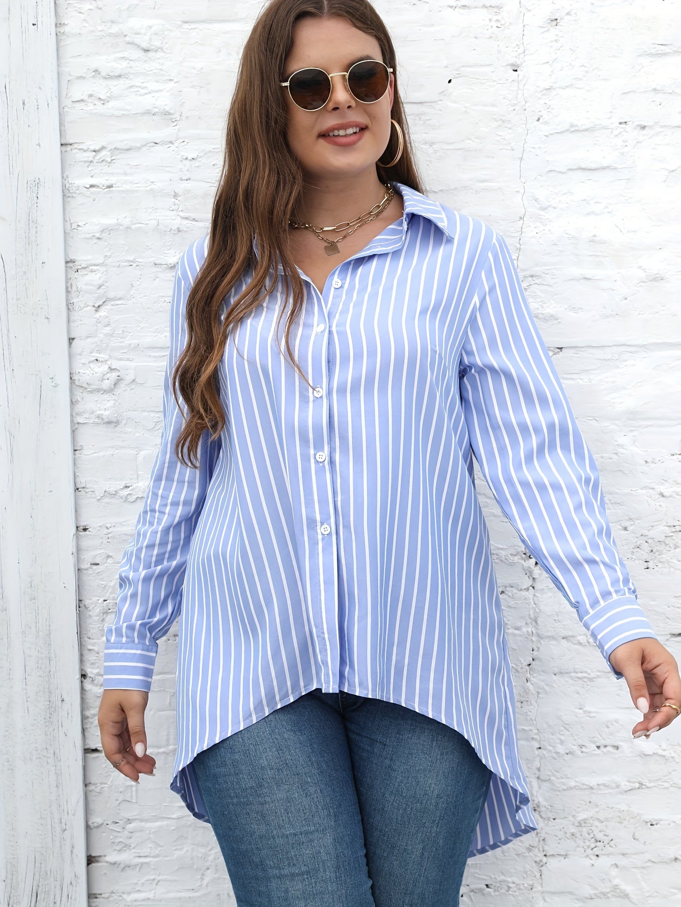  Stripe Print Button Up Long Sleeve Tunic Blouse
