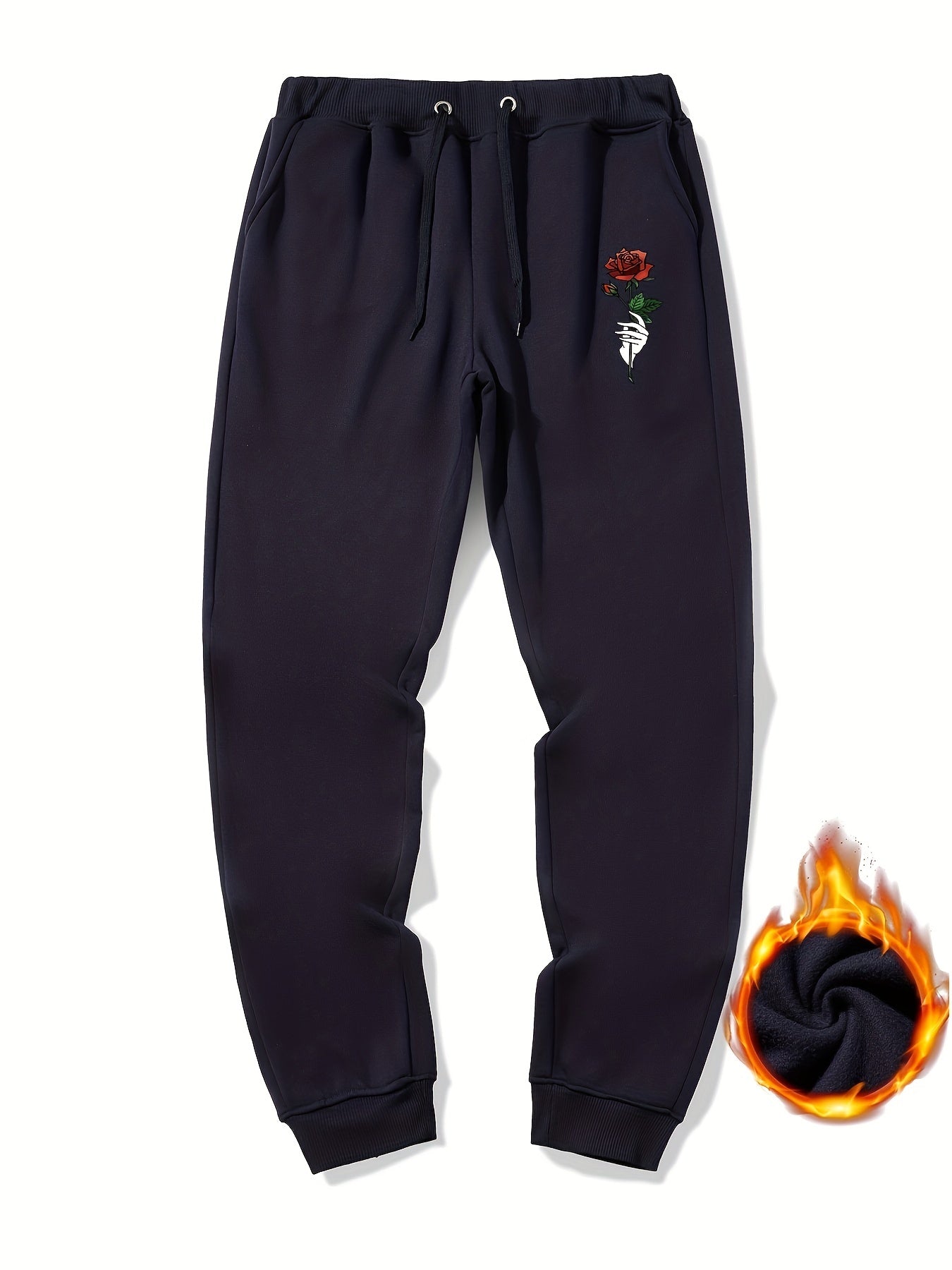 Men's Rose Flower Print Drawstring Fleece Sweatpants