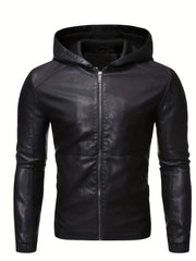 Men's PU Hooded Jacket Zip Up Faux Leather Jacket