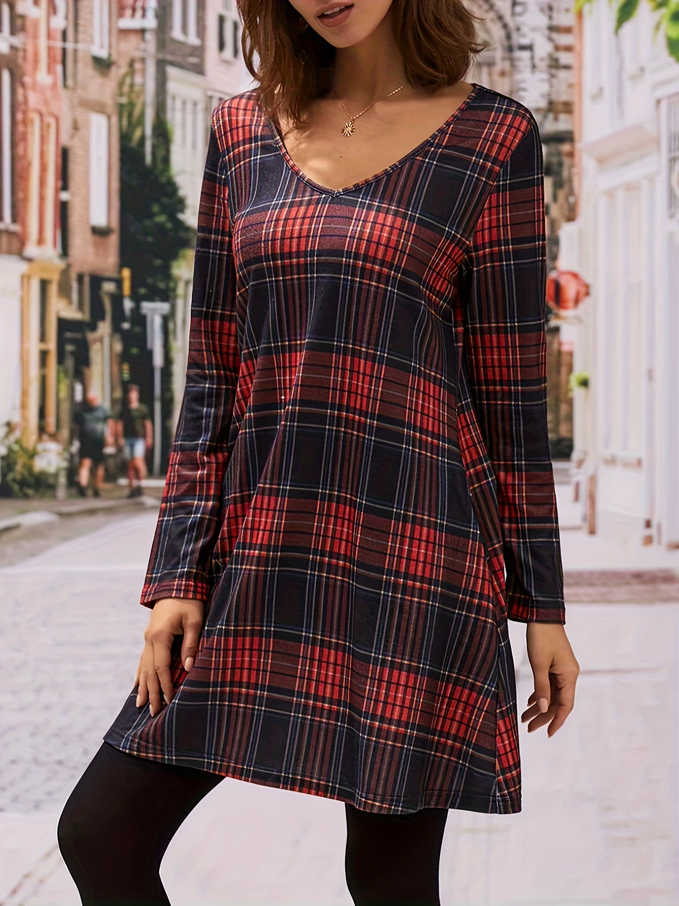  Plaid Print V Neck Mini Dress With Pockets