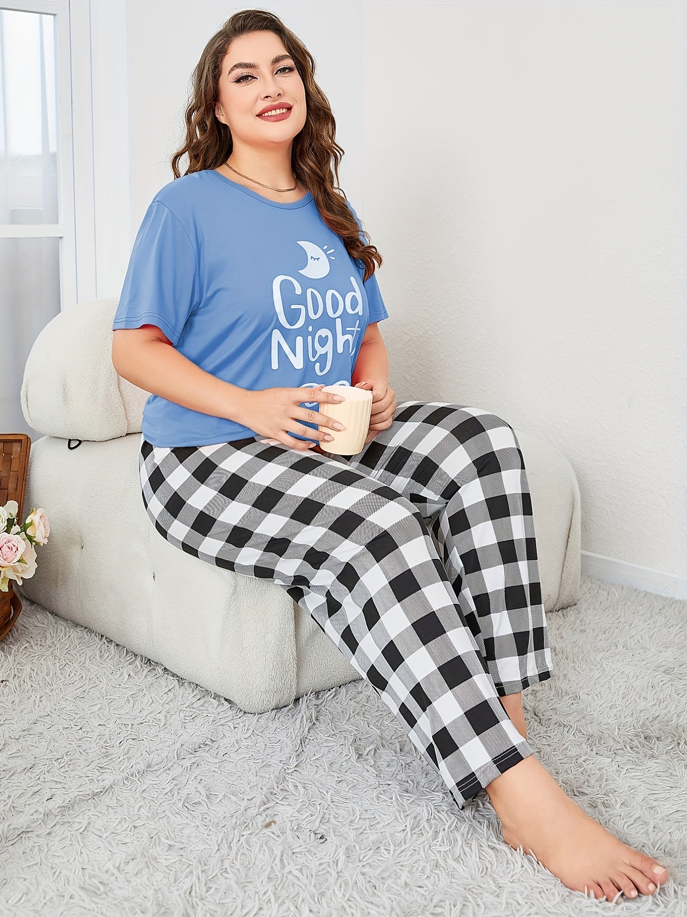  Casual Loungewear Set Women's Plus Short Sleeve Top & Gingham Pants