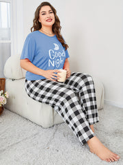  Casual Loungewear Set Women's Plus Short Sleeve Top & Gingham Pants