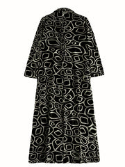 Graphic Print Maxi Dress Long Sleeve Ruched Dress With Collar