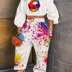Lips Print Off Shoulder Crop Top & Print Pants Set