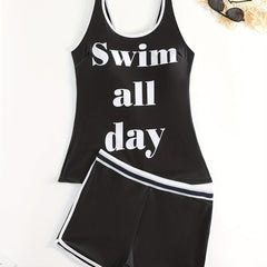  Sporty Tankini Set Women's Plus Letter Print Tank Top