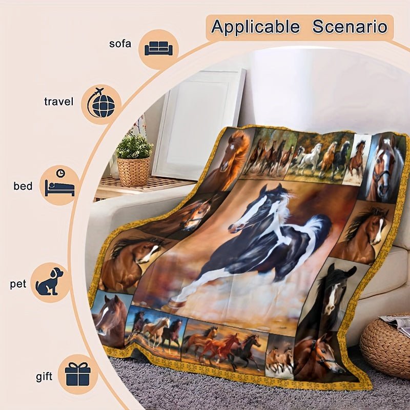 Running Horse Print Flannel Blanket Double sided Fleece Soft For Sofa Bed