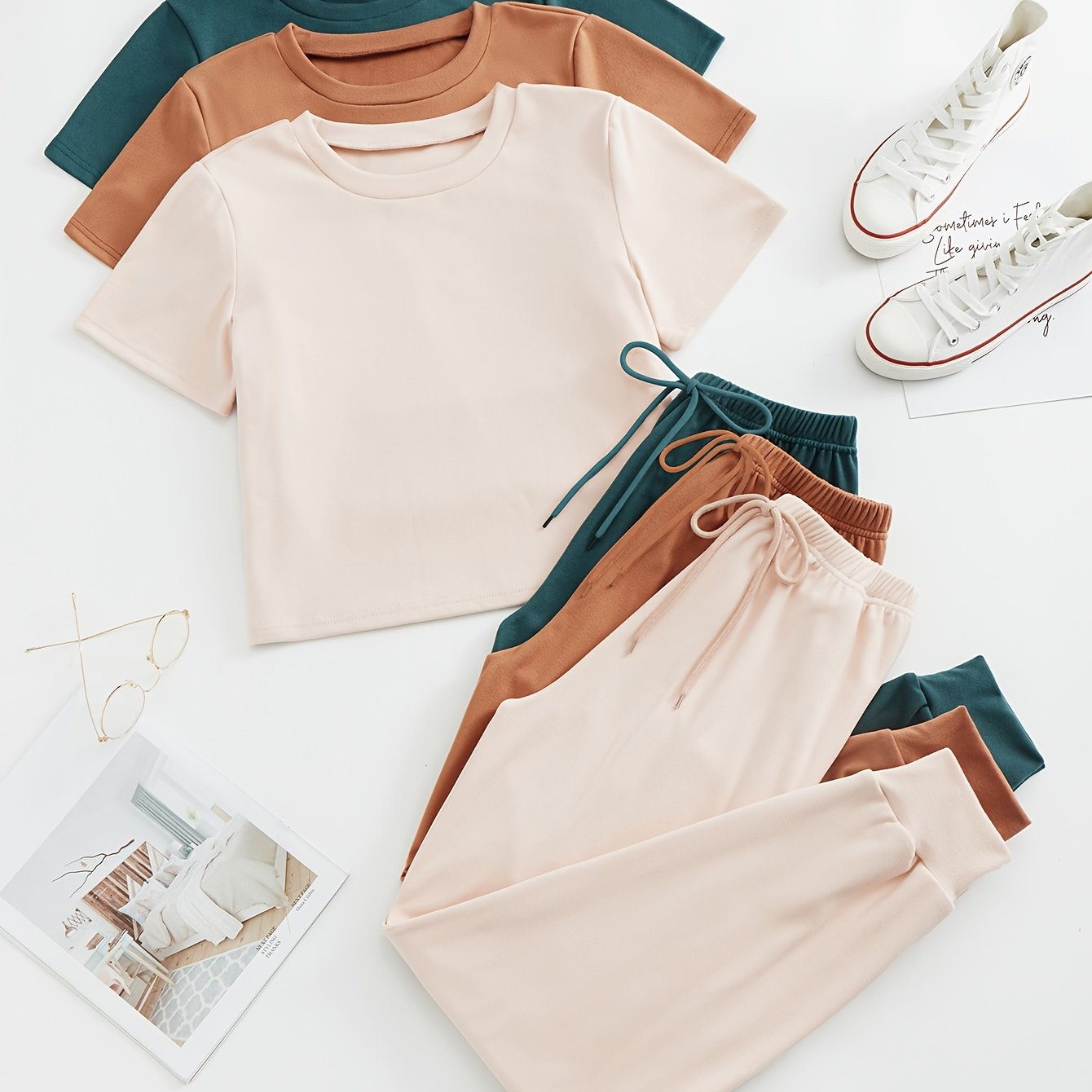 Solid Lounge Set Crew Neck Top & Lace Up Pants Women's Loungewear