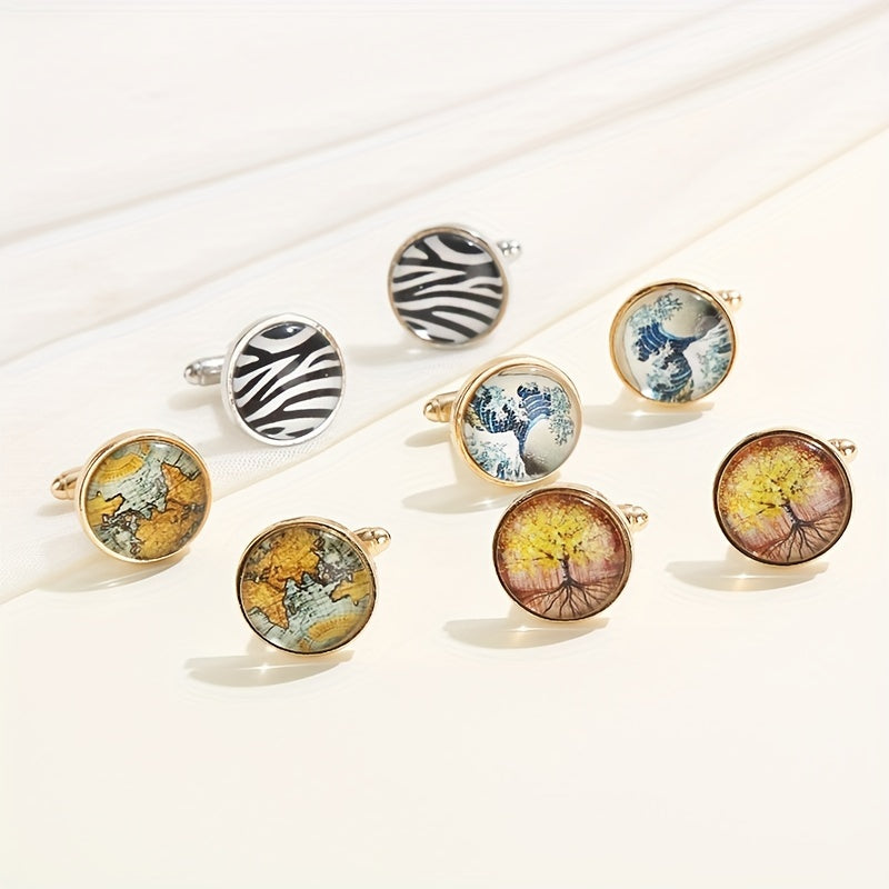 Men's French Cufflinks Tree Of Life World Map Sea Wave Striped Cufflinks