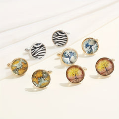 Men's French Cufflinks Tree Of Life World Map Sea Wave Striped Cufflinks