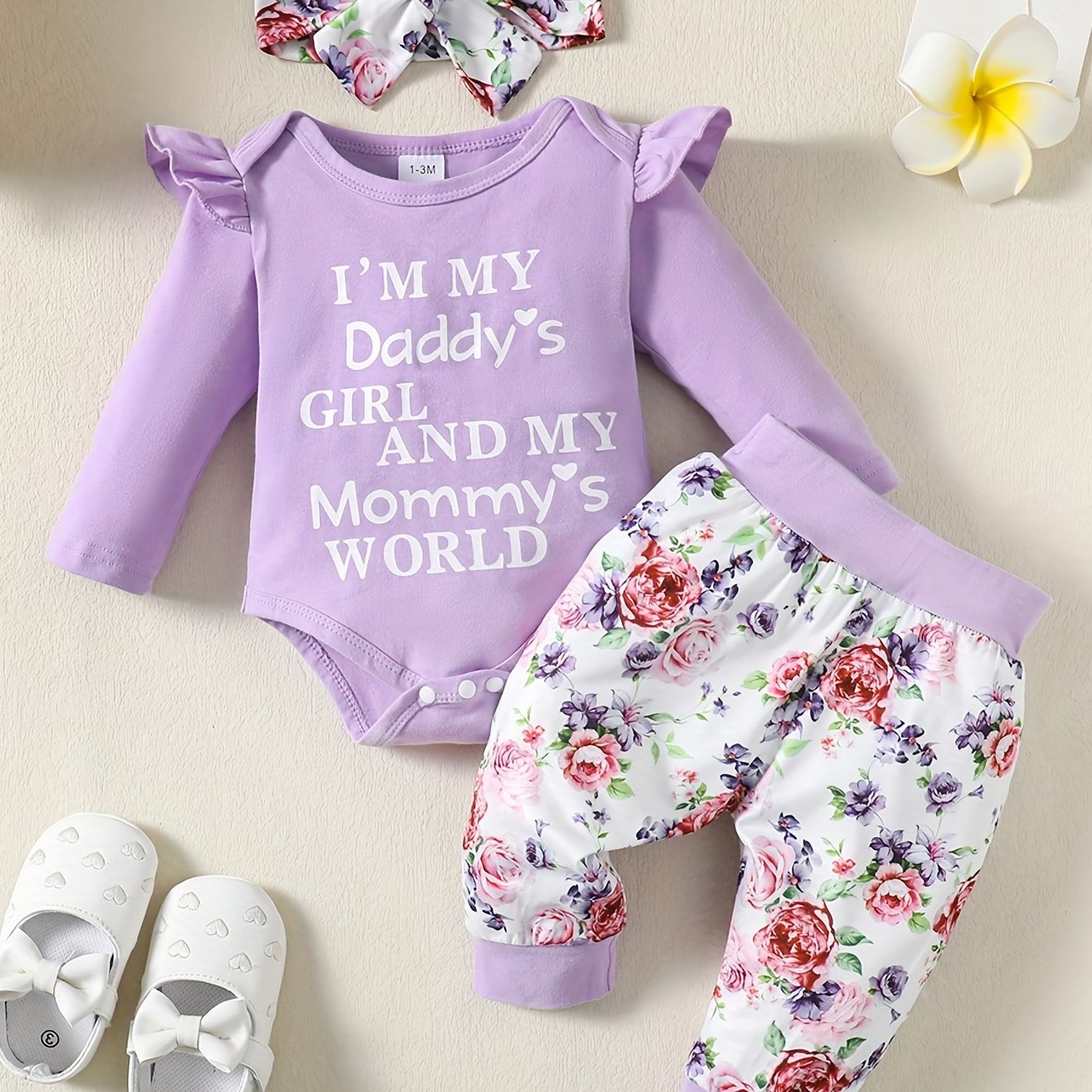 Baby Comfy Romper Floral Pants Headband Set