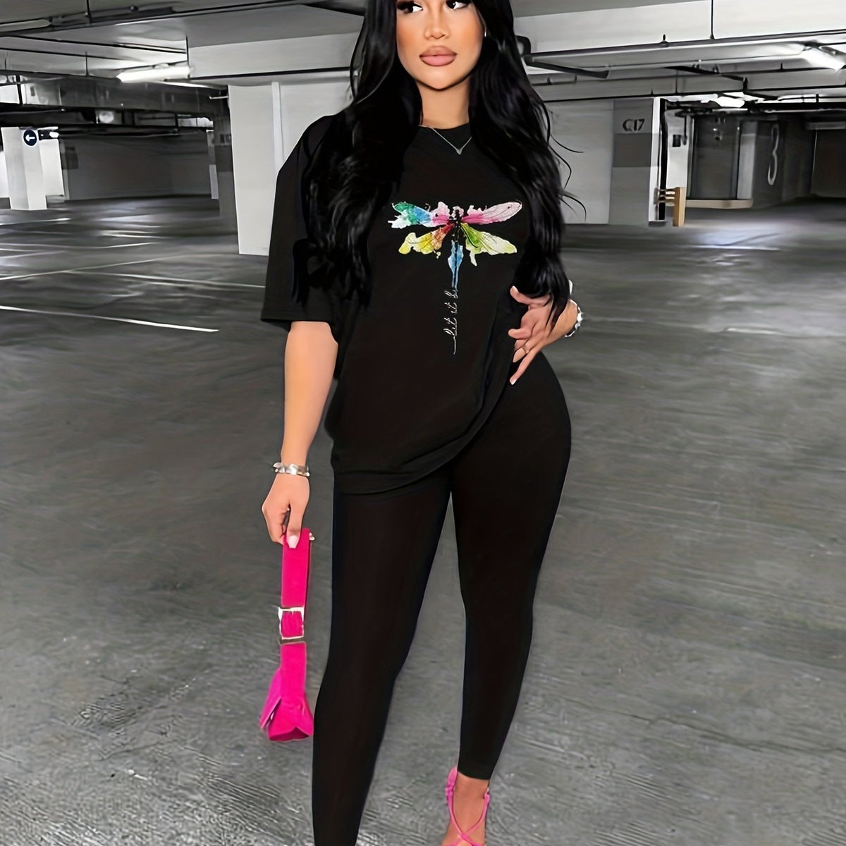 Dragonfly Print Two Piece Set Crew Neck Short Sleeve Top & Slim Pants