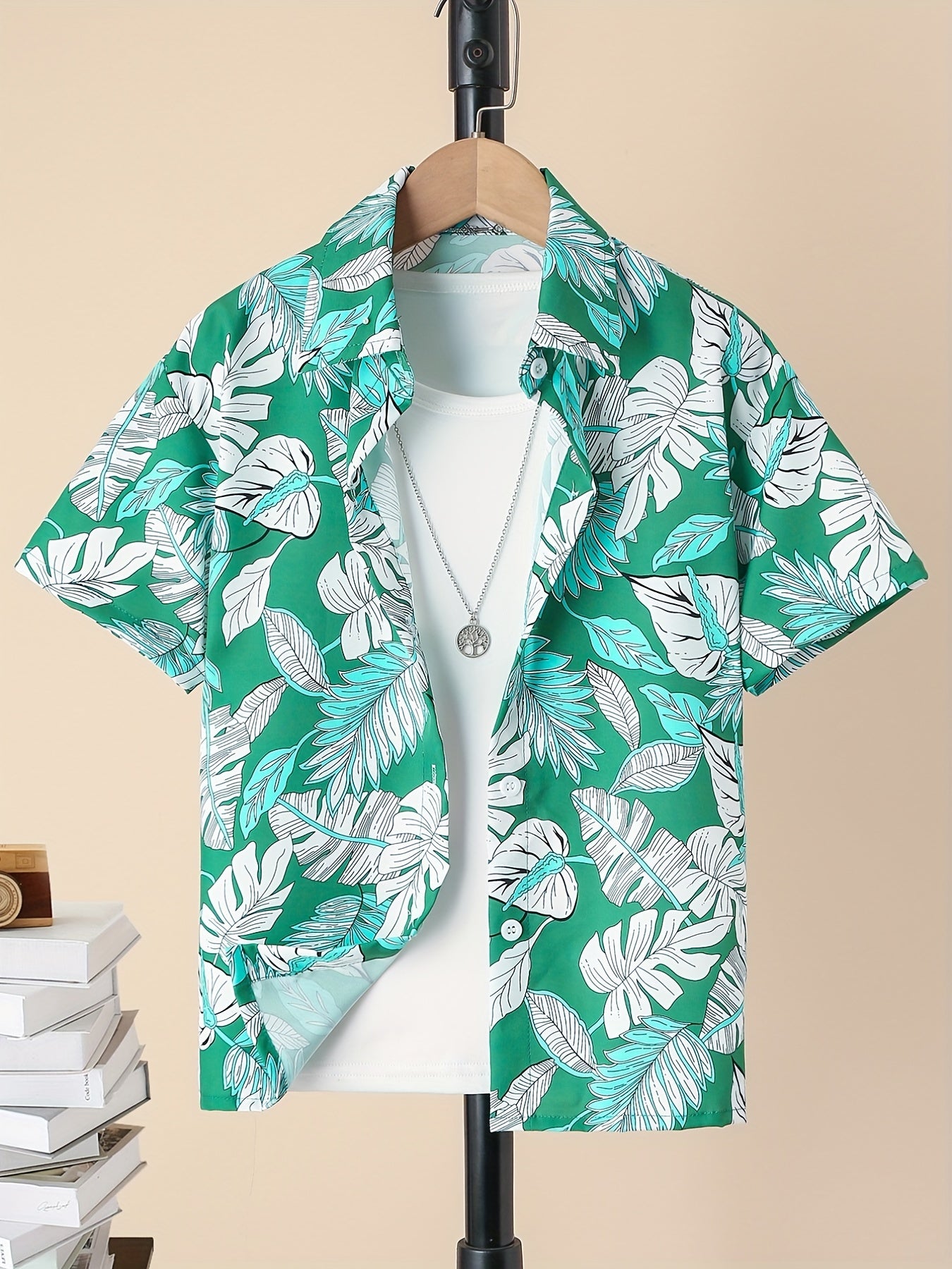 Boys Leaf Print Short Sleeves Shirt For Vacation Beach Kids Summer Clothes